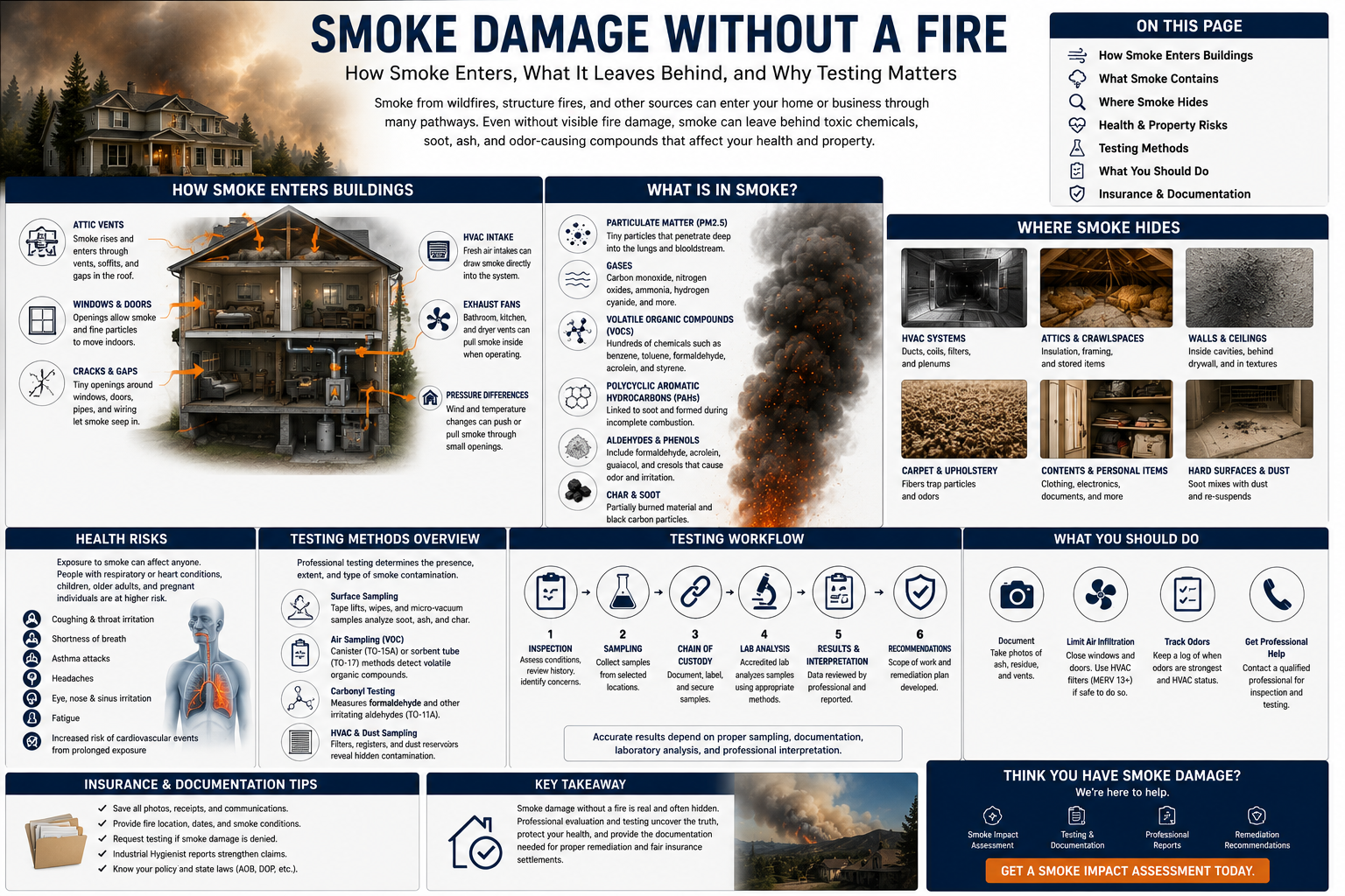 Infographic thumbnail: smoke damage without a fire — entry paths, residues, testing, insurance